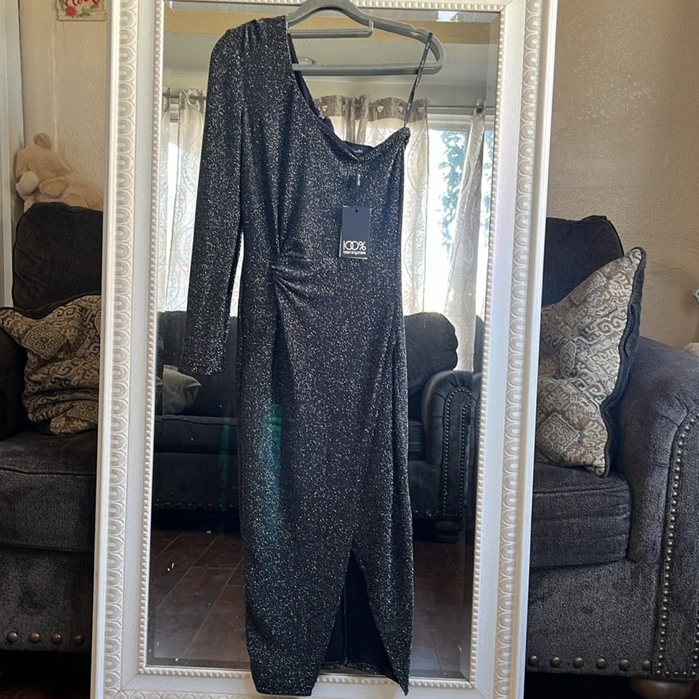 NWT Bardot one shoulder black shimmer dress